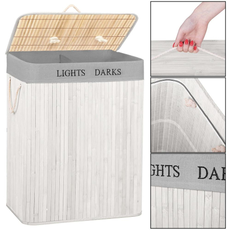 Cos pentru rufe din bambus, pliabil, cu 2 compartimente, volum 105 L, 63x52x33 cm, alb si gri [15]