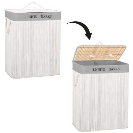 Cos pentru rufe din bambus, pliabil, cu 2 compartimente, volum 105 L, 63x52x33 cm, alb si gri [19]