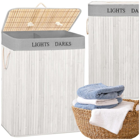 Cos pentru rufe din bambus, pliabil, cu 2 compartimente, volum 105 L, 63x52x33 cm, alb si gri [6]