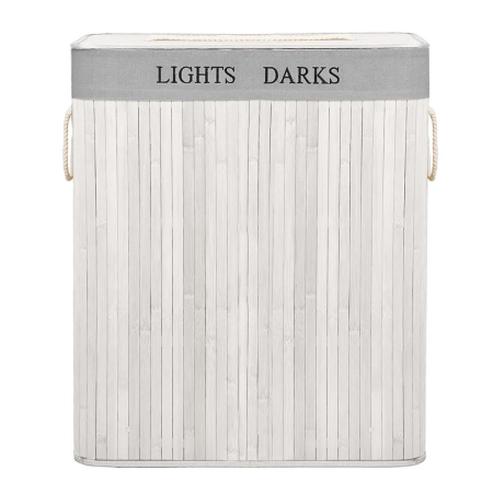 Cos pentru rufe din bambus, pliabil, cu 2 compartimente, volum 105 L, 63x52x33 cm, alb si gri [20]