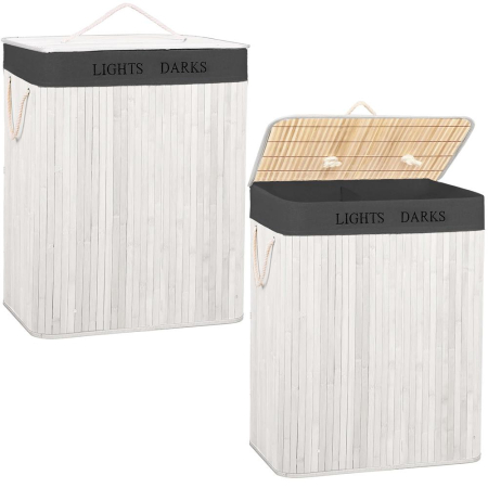 Cos pentru rufe din bambus, pliabil, cu 2 compartimente, volum 105 L, 63x52x33 cm, alb si gri inchis [1]