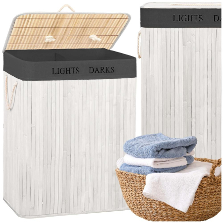Cos pentru rufe din bambus, pliabil, cu 2 compartimente, volum 105 L, 63x52x33 cm, alb si gri inchis [7]
