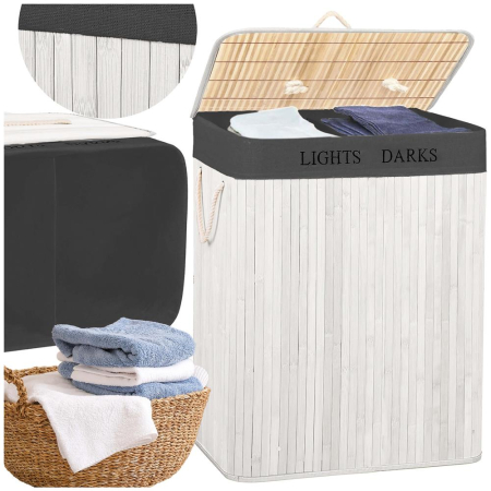 Cos pentru rufe din bambus, pliabil, cu 2 compartimente, volum 105 L, 63x52x33 cm, alb si gri inchis [4]