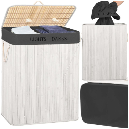 Cos pentru rufe din bambus, pliabil, cu 2 compartimente, volum 105 L, 63x52x33 cm, alb si gri inchis [6]