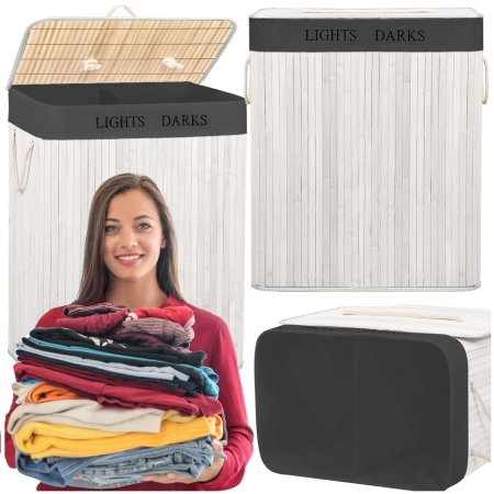 Cos pentru rufe din bambus, pliabil, cu 2 compartimente, volum 105 L, 63x52x33 cm, alb si gri inchis [11]