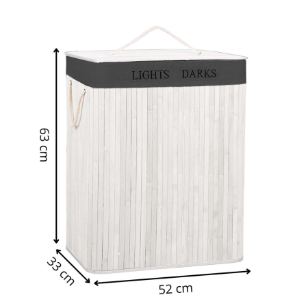Cos pentru rufe din bambus, pliabil, cu 2 compartimente, volum 105 L, 63x52x33 cm, alb si gri inchis [23]