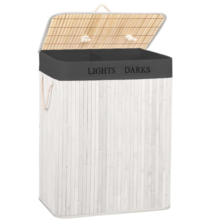 Cosuri de rufe - Cos pentru rufe din bambus, pliabil, cu 2 compartimente, volum 105 L, 63x52x33 cm, alb si gri inchis