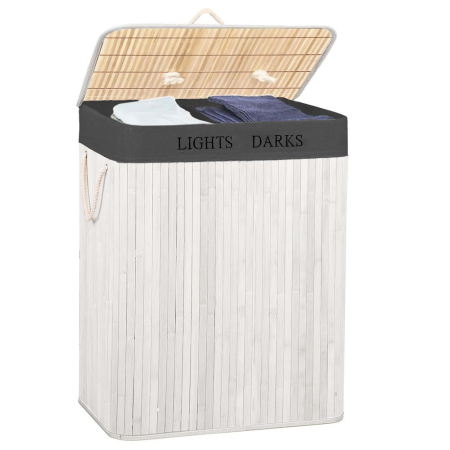 Cos pentru rufe din bambus, pliabil, cu 2 compartimente, volum 105 L, 63x52x33 cm, alb si gri inchis [13]