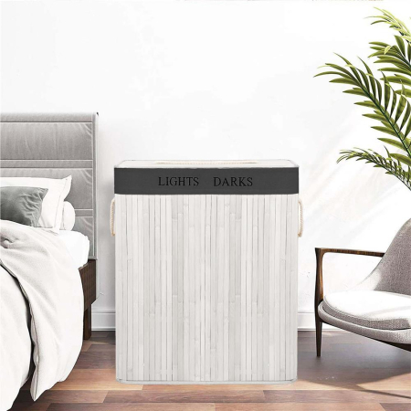 Cos pentru rufe din bambus, pliabil, cu 2 compartimente, volum 105 L, 63x52x33 cm, alb si gri inchis [21]