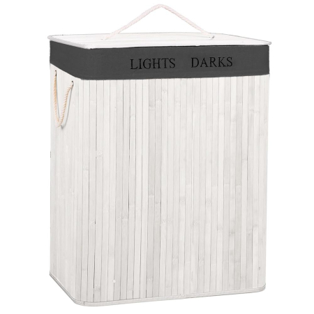 Cos pentru rufe din bambus, pliabil, cu 2 compartimente, volum 105 L, 63x52x33 cm, alb si gri inchis [12]