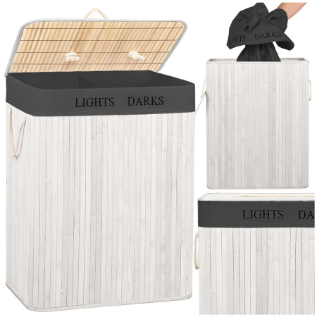 Cos pentru rufe din bambus, pliabil, cu 2 compartimente, volum 105 L, 63x52x33 cm, alb si gri inchis [3]
