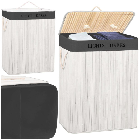 Cos pentru rufe din bambus, pliabil, cu 2 compartimente, volum 105 L, 63x52x33 cm, alb si gri inchis [5]
