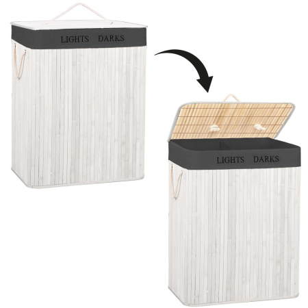Cos pentru rufe din bambus, pliabil, cu 2 compartimente, volum 105 L, 63x52x33 cm, alb si gri inchis [22]