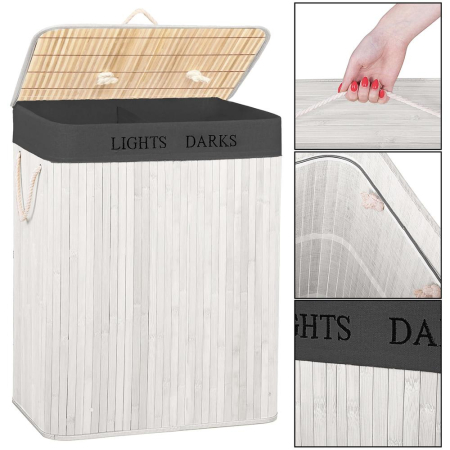 Cos pentru rufe din bambus, pliabil, cu 2 compartimente, volum 105 L, 63x52x33 cm, alb si gri inchis [20]