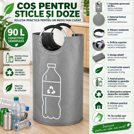 Cos pliabil pentru colectarea sticlelor si dozelor reciclabile SGR, capacitate 90 L, material Oxford rezistent, manere pentru transport, design compac [1]