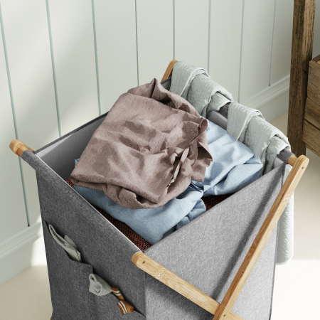  Cos Pliabil pentru Rufe 55L din Material Textil si Cadru din Bambus pentru Camera si Spalatorie, 41x41x64 cm, Gri [7]
