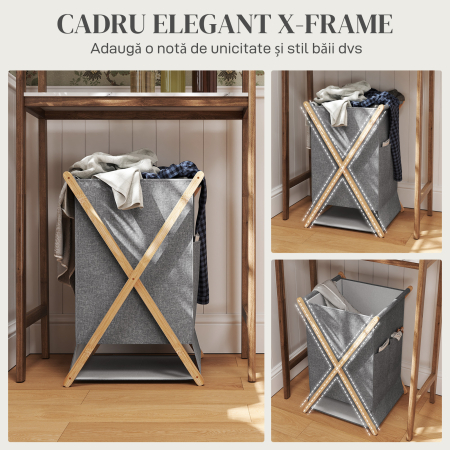  Cos Pliabil pentru Rufe 55L din Material Textil si Cadru din Bambus pentru Camera si Spalatorie, 41x41x64 cm, Gri [5]