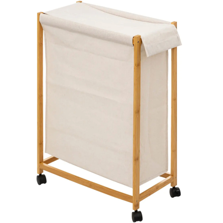 Accesorii baie - Cos rufe 5Five Bambou pe roti, cadru bambus, 52 litri, 55x28x80 cm, bej