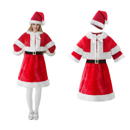 Costum dama Craciun cu rochie, pelerina, curea si caciula, marime universala, rosu [5]