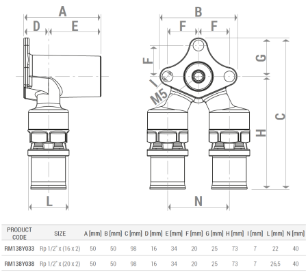 Cot cu prindere pe perete Giacomini RM138Y038, 90 grade, filet interior 1/2” si doua racorduri prin presare 20x2 [1]