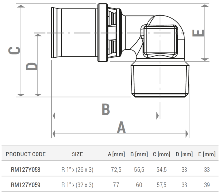 Cot de presare Giacomini RM127Y058, 90°, filet exterior 3/4" x conexiune teava 26 mm, alama [1]