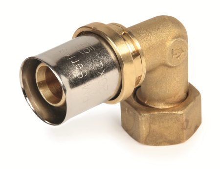 Fitinguri - Cot de presare Giacomini RM130PY058, 90 grade, cu piulita fata plata, filet interior 1" x conexiune teava diametru 26 mm, alama