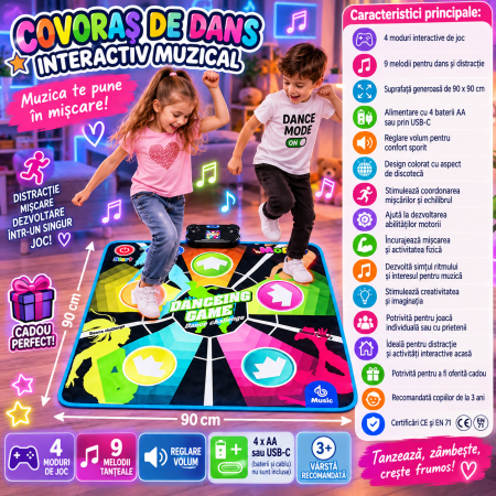 Covoras de dans muzical interactiv pentru copii 3 ani+, cu 4 moduri de joc si 9 melodii, lumini si sunete pentru distractie si dezvoltarea coordonarii [1]
