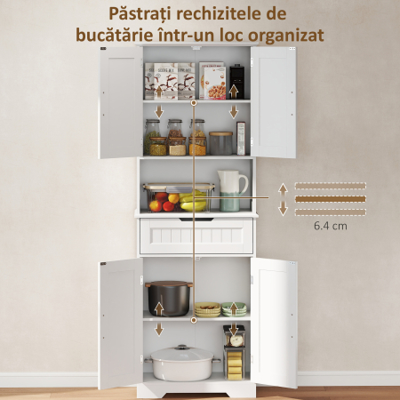  Credenta de Bucatarie cu 2 Dulapuri si Sertar, Blat Central Deschis si Rafturi Reglabile, Alb [3]