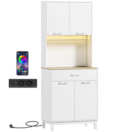 Bucatarie -  Credenta Moderna cu Lumini, Prize USB, 2 Dulapuri si Sertar Alb