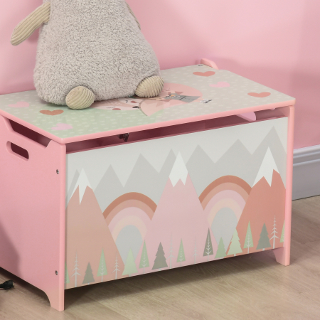 Cufar de jucarii pentru copii , lada din lemn MDF cu capac si balama de siguranta, 60x37x39cm, de culoare roz [7]