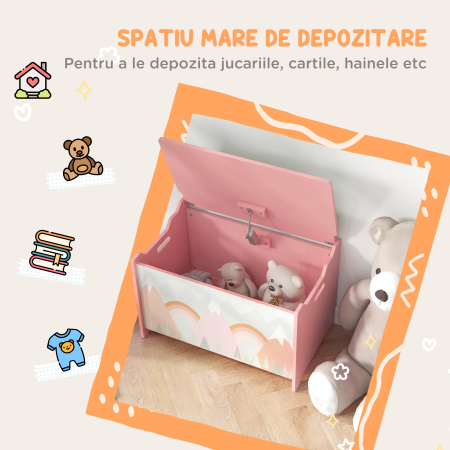 Cufar de jucarii pentru copii , lada din lemn MDF cu capac si balama de siguranta, 60x37x39cm, de culoare roz [5]