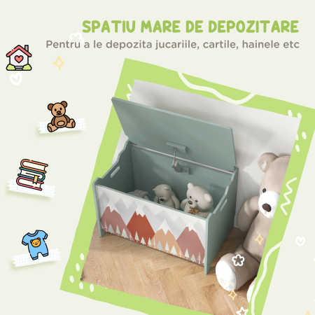 Cufar de jucarii pentru copii , lada din lemn MDF cu capac si balama de siguranta, 60x37x39cm, de culoare verde [5]