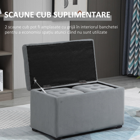  Cufar Depozitare Multifunctional - Cu 2 Pouf Catifea Gri [3]