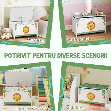  Cufar Portagiochi cu Capac pentru Copii 60x37x39 cm, Verde [5]