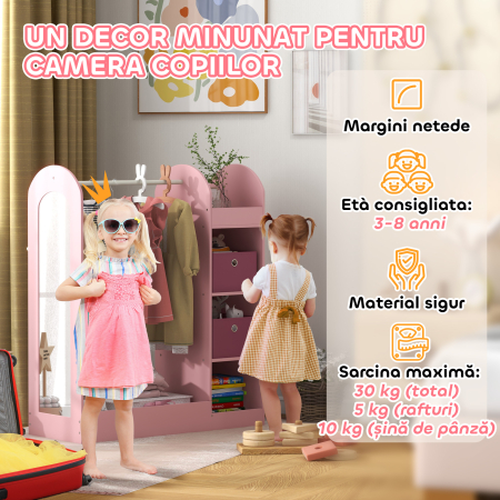  Cuier Copii - Cu Rafturi, Cuti & Oglinda, 92×36×106 cm Roz [5]