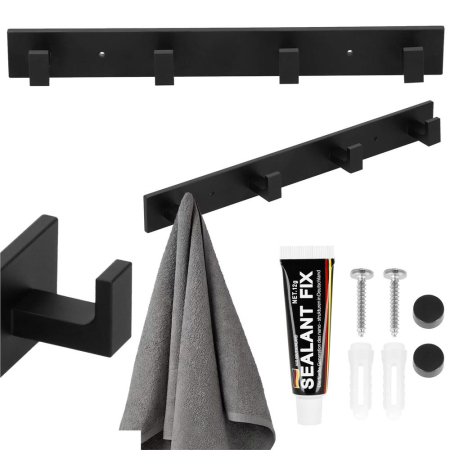 Cuier de baie pentru prosoape cu 2 sisteme instalare, aluminiu, 4 agatatori, 35x4cm, negru [13]