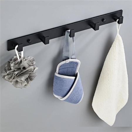 Cuier de baie pentru prosoape cu 2 sisteme instalare, aluminiu, 5 agatatori, 45x4cm, negru [17]