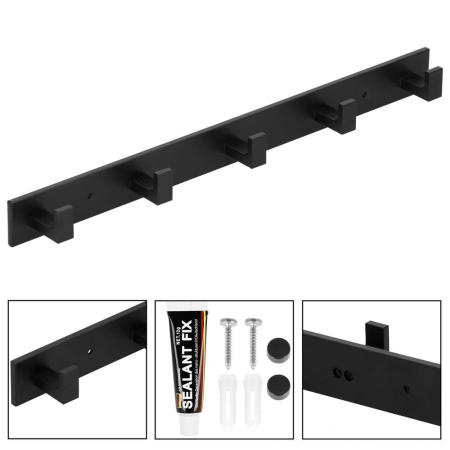 Cuier de baie pentru prosoape cu 2 sisteme instalare, aluminiu, 5 agatatori, 45x4cm, negru [10]