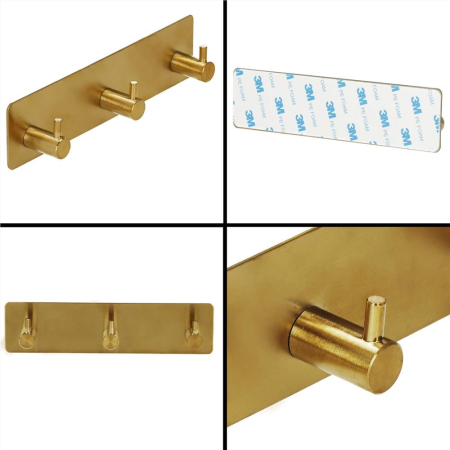 Cuier de baie pentru prosoape, montare fara gaurire, otel, 3 agatatori, 18x4.5cm, auriu [10]