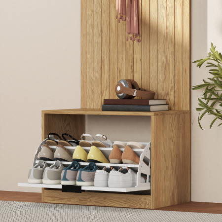  Cuier de Hol cu Pantofar Rabatabil, Cuier cu Banca, 4 Carlige si Rafturi pentru Pantofi, Organizator Modern pentru Hol si Coridor, Stejar si Alb [7]
