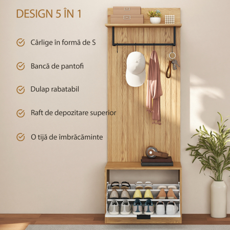  Cuier de Hol cu Pantofar Rabatabil, Cuier cu Banca, 4 Carlige si Rafturi pentru Pantofi, Organizator Modern pentru Hol si Coridor, Stejar si Alb [3]