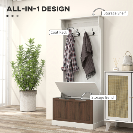  Cuier de Intrare 3 in 1 cu 4 Carlige, Etajera pentru Pantofi si Banca Depozitare, 71,5x39,5x170 cm, Maro [3]