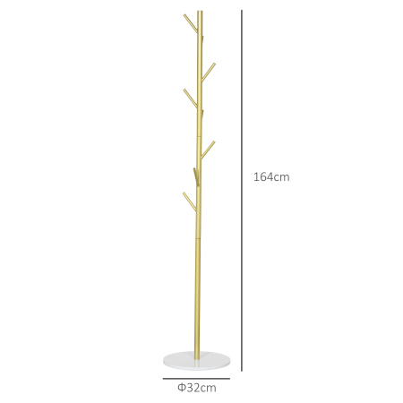  Cuier de Podea Autoportant cu 8 Carlige si Baza din Marmura, Ø32x164 cm, Auriu [2]