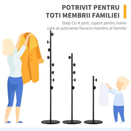  Cuier de Podea cu 8 Carlige, Cuier pentru Intrare si Dormitor din Otel cu Baza din Marmura, 35x35x170cm, Negru [6]