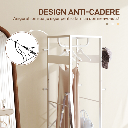  Cuier de Podea cu Bara si 3 Rafturi Deschise, 38.5x30x170 cm, Alb [4]