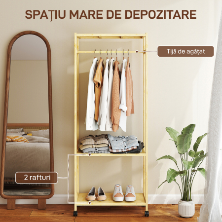  Cuier de Podea cu Bara si 4 Roti, Economisire Spatiu, Cuier din Bambus cu Rafturi Inferioare, pentru Dormitor, Hol, 70x35x175 cm, Lemn Natural [3]