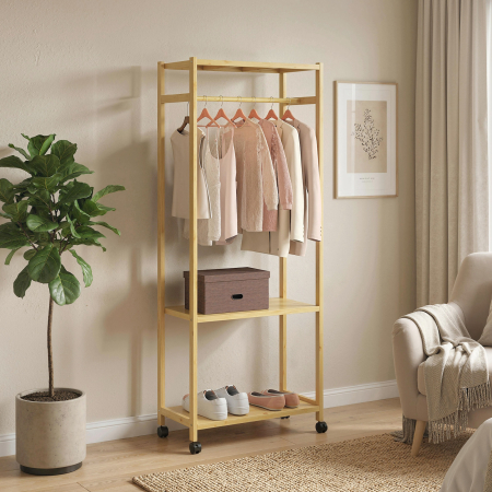  Cuier de Podea cu Bara si 4 Roti, Economisire Spatiu, Cuier din Bambus cu Rafturi Inferioare, pentru Dormitor, Hol, 70x35x175 cm, Lemn Natural [1]