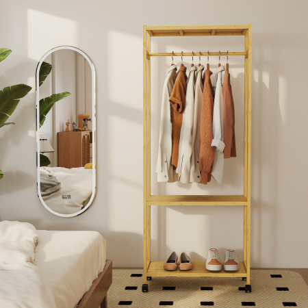  Cuier de Podea cu Bara si 4 Roti, Economisire Spatiu, Cuier din Bambus cu Rafturi Inferioare, pentru Dormitor, Hol, 70x35x175 cm, Lemn Natural [7]