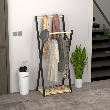  Cuier de Podea din Lemn cu 2 Bare, Suport pentru Haine Autoportant Modern cu Raft Inferior, 61x45x152 cm, Natural [1]