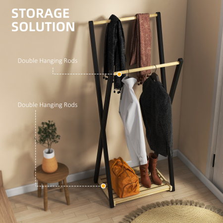  Cuier de Podea din Lemn cu 2 Bare, Suport pentru Haine Autoportant Modern cu Raft Inferior, 61x45x152 cm, Natural [3]